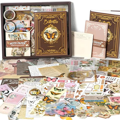 ROEOWENE 394pcs Journal Zubehör Scrapbooking Set DIY Scrapbook Junk Journaling Zubehör Notizbuch Vintage Tagebuch Sticker Scrapbook Geburtstag Geschenk Bastelset Teenager-Braun Schmetterling