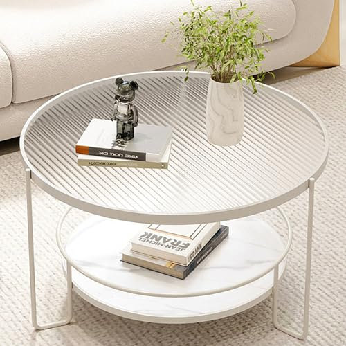 Mesa de centro cristal, Mesa de Esquina Redonda de 2 Niveles, estilo minimalista, Estructura de hierro forjado + vidrio templado, Para Salón Dormitorio Oficina, Fácil montaje(White A,60x45cm/23.6x17.7