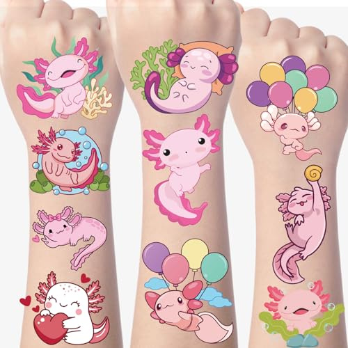 Eiapadeor Axolotl Temporary Tattoos Stickers, 200+ Axolotl Birthday Decorations Favors Cute Temporary Tattoos Bulk Gifts for Kids Girls Boys, Pink Party Favors Supplies Rewards Gifts Classroom