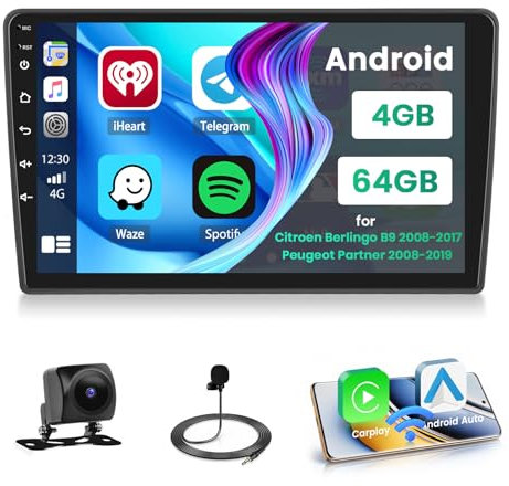 Hikity 8 Core/4G+64G/DSP Android 15 Radio Coche para Citroen Berlingo B9 2008-2017/Peugeot Partner 2008-2019 con Wireless CarPlay Android Auto 9 Pantalla Táctil GPS 59UI DSP SWC FM/RDS WiFi+Cám+Mic