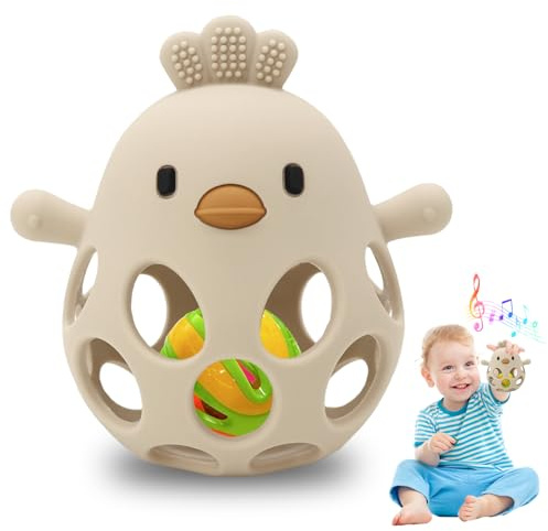 shallyong Beißring Baby, Silikon Hühnchen Baby Spielzeug, Zahnungshilfe, Beissring Spielzeug 0 3 6 9 12 Monate, für Sinnes und Kauentwicklung, BPA-frei Zahnen und Greifling