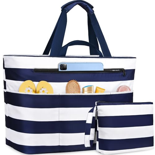 NEWIROVE Bolsa Playa Mujer Grande Xxl Familiar Bolsos Playa Con Cremallera Beach Bag Plegable Bolsa Viaje Ligero Tote Bag Mujer Para Playa, Viajes, Picnic. 50L, Strisce bianche-blu
