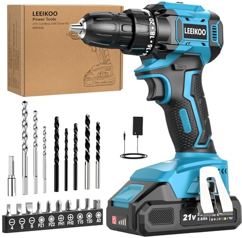 Brushless Trapano Avvitatore Batteria, LEEIKOO Avvitatore a Batteria 21V con Battery 2.0Ah, 45N.m Trapano Elettrico, 20 Coppie, 10mm Mandrino, 21 Accessori Per Casa Progetto, Fai da te, Blu