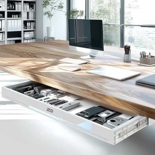 Ergo Office ER‑302 Flache Untertisch‑Schublade 758 mm | Robuste Kunststoff‑Schublade mit Stahlführungen bis 10 kg | Platzsparender Arbeitsplatz‑Organizer für Büro & Home‑Office (Weiß)