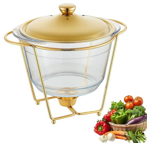 Round Chafing Dish Stainless Steel Buffet Warmer Set with Tray, Casserole Dish Glass Baking Dish for Party Birthday Wedding(Gold)