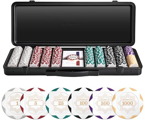 SLOWPLAY Nash Pokerchip-Set mit Koffer, 500 Ton-Pokerchips à 14 g | Pokerchips mit Wert, Sattes Gewicht, Premium-Polycarbonat-Koffer, 2 Kunststoffdecks, Metall-Dealer-Button, White Gold