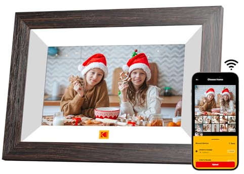 KODAK Digitaler Bilderrahmen 7 Zoll, WLAN Digitale Fotorahmen, 32 GB Speicher, HD IPS Touchscreen, Auto-Rotat, Smart Holz Elektronischer Bilderrahmen Teilen Sie Foto/Video Sofort über App von überall