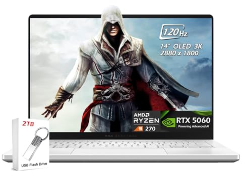 ASUS - Laptop da gioco ROG Zephyrus G14 da 14 - AMD Ryzen 9 270 - NVIDIA GeForce RTX 5060-16GB LPDDR5X RAM 2TB SSD - Wi-Fi 7 Bluetooth BacklitKB Windows 11 - Bianco platino - con unità USB da 2 TB