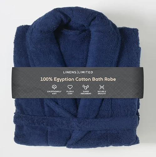 Linens Limited - Egyptian Cotton Dressing Gown for Women and Men, Towelling Bath Robe, Men and Ladies Nightwear Essential, Soft and Luxurious, Super Absorbent, Machine Washable (Navy)