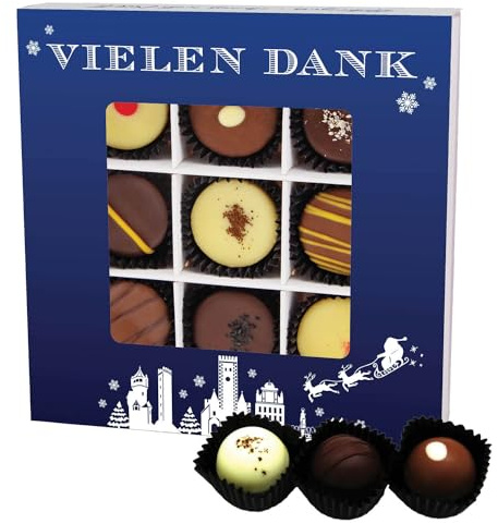 Hallingers Genuss Manufaktur Pralinen Weihnachts-Geschenk - mit & ohne Alkohol, handmade aus Edelkakao in wertiger L-Geschenkbox Vielen Dank Blau, Weihnachten für Frauen Männer