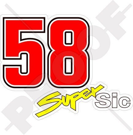 StickersWorld Super Sic Marco Simoncelli 58 Motorrad-Rennen Vinyl-Aufkleber, Transparent, Rot, 10 cm x 8 cm, Laminiert, Wiederverwendbar, Indoor/Outdoor, Wasserfest, Pop-Art/Sportlich, Aufkleber