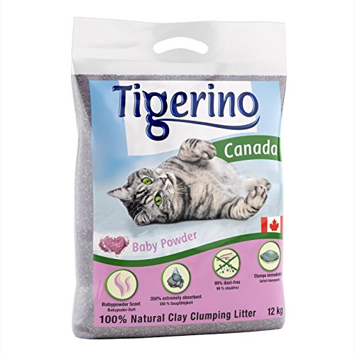 Tigerino Premium Katzenstreu, ergiebige Klumpstreu aus Naturton-Granulat: feinkörnig, schnelle und Starke Klumpenbildung, bindet Gerüche (2 Stück, Babypuder)