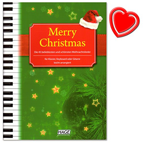 Merry Christmas - 45 beliebtesten und schönsten Weihnachtslieder für Klavier, Keyboard oder Gitarre - mit bunter herzförmiger Notenklammer - 4026929901927