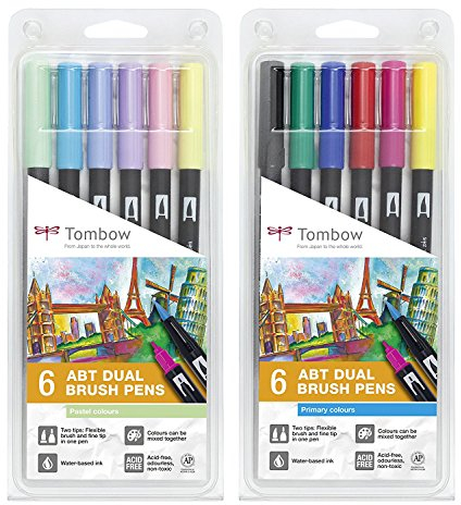 Tombow Fasermaler Dual Brush Pen mit zwei Spitzen 12er Set | 6er Set Grundfarben + 6er Set Pastellfarben