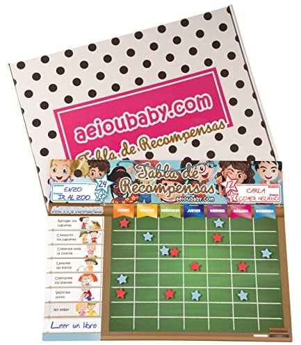 aeioubaby.com BELOHNUNGSTAFEL Magnetisch Groß | Sternchenplan für Wand oder Kühlschrank, 43x32cm. 22 Tätigkeiten, 2 Stifte und 1 Ballon | Geschenkbox für Kinder und Geburtstage (Spanisch)