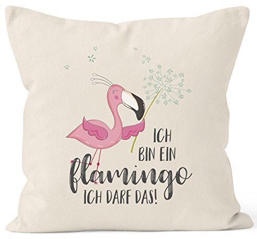 MoonWorks Kissen-Bezug Flamingo Ich Bin EIN Flamingo ich darf das Spruch Pusteblume Kissen-Hülle Deko-Kissen Baumwolle Natur Unisize