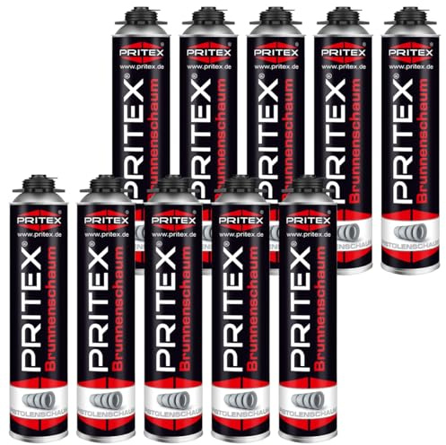 PRITEX – Brunnenschaum 10 x 750 ml zur Montage von Brunnenschachtringen & Rohrelementen – Pistolenschaum mit sehr guter Haftung & hoher Beständigkeit – Bauschaum für Montagepistole