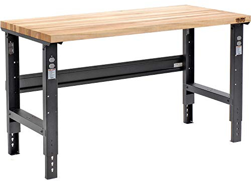 Global Industrial Adjustable Height Workbench C-Channel Leg, 60 W x 30 D, 1-1/2 Birch Top with Square Edge, 2000 Lbs. Capacity, Black Frame, Industrial Workbench
