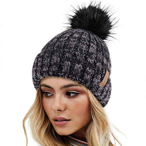 FURTALK Wintermütze warme Strickmütze Damen Mütze mit Kunstpelz Bommel