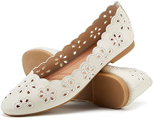 FRACORA Women's Ballet Flats Black PU Leather Dress Shoes Comfortable Round Toe Slip on Flats with Breathable Eyelets, Grey, 5 UK