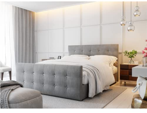 PM PAMIR-Möbel Bett Designer Bett mit Bettkasten Cleo | Boxspringbett mit Bonell-Matratze, 2 Bettkästen mit dekorativen Knöpfen im Kopfteil | Gesteppte Kopfstütze | 140x200cm | Grau