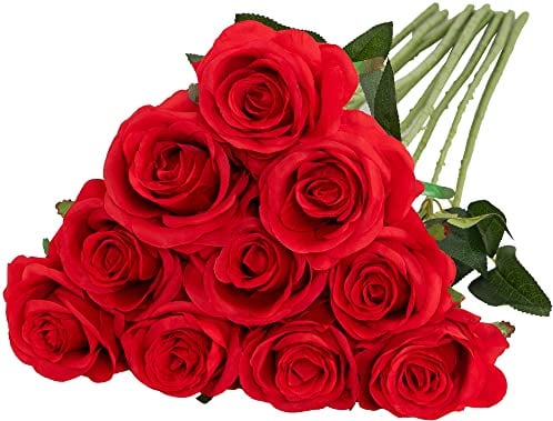 Nubry künstliche Seidenrose Blume einzigen Stiel lebensechte gefälschte Rose für Hochzeit Blumenstrauß Blumenarrangements Home Party Centerpiece Dekoration, 10pcs (rot)