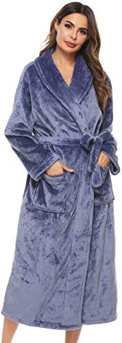 Vlazom Vestaglia Donna Invernale in Pile Morbido Accappatoio Elegante per Casa Natalizio，Foschia Blu，XL