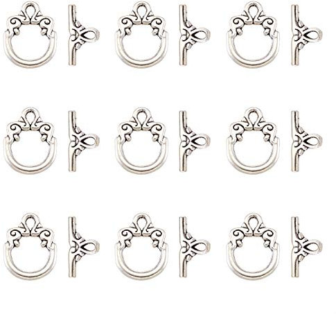 PandaHall 10 Sets Antike Silber-Legierung Ring-Knebelverschlüsse Verbinder tibetischer Stil Knebelverschluss TBar Verschlüsse für Halskette Armband Schmuckherstellung
