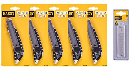 HARDY WORKING TOOLS set, 5 piezas aluminio cutter profesional 18mm con Cuchillas de repuesto 18mm, 10 piezas Cuchillas cutte, Cuchillas para trabajos de corte, Bloqueo Cuchillas, A0180-800000