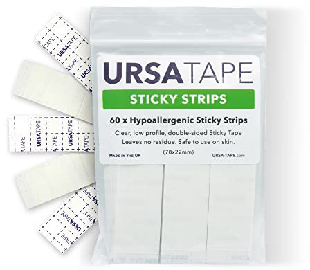 URSA Tape Sticky Strips No-Residue Clear Hollywood Fashion Tape for Women Double Sided | for Costumes, Dresses, Shoes & More | Body Tape for Delicate Skin, Double Sided Fabric Tape for Clothes 60 Pack