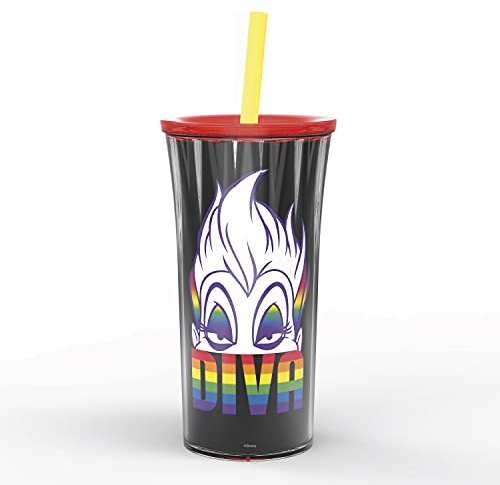 Zak Designs Disney Rainbow Collection doppelwandiger isolierter Kunststoffbecher für kalte Getränke, Reisebecher mit spritzwassergeschütztem Deckel und Strohhalm aus haltbaren Materialien (Ursula,