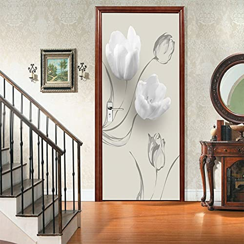 A.Monamour Türtapete Selbstklebend Türfolie Türposter 3D Weiße Blumen Hintergrund Moderne Kunst Vinyl Folie Türdeko Tapete Wandbild Türaufkleber Türtattoo 90 x 200 cm