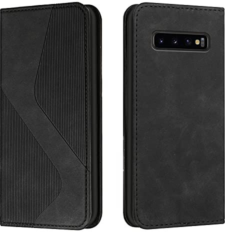Mo-Somnus Kompatibel Mit Samsung Galaxy S10 Hülle, Magnet PU Leder Tasche Flip Handyhülle, Klappbar Kartenfächer Brieftasche Klapphülle (Schwarz)