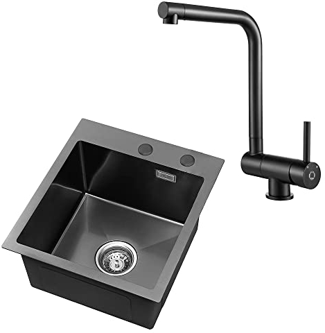 CECIPA Spülbecken Anthrazit 40 * 45 cm + Vorfenster Küchenarmatur Schwarz Matt, Küchenspüle mit Über- und Ablaufgarnitur, Einbauspüle Edelstahl Becken, 40er Unterschrank