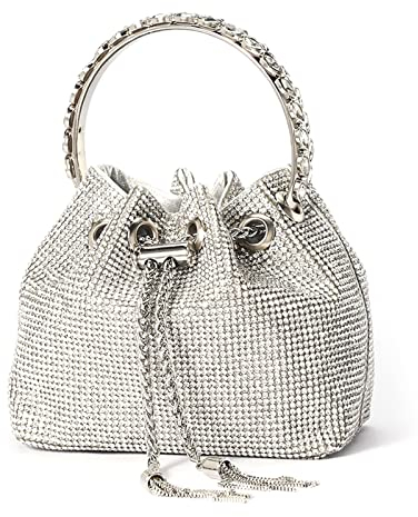 NICOLE & DORIS Damen Tasche Strass Elegant Handtasche Clutch Taschen Glitzer Abendtasche Eimertasche Geldbörse Strasssteine Schultertasche Tasche für Hochzeit Party Freizeit Silber