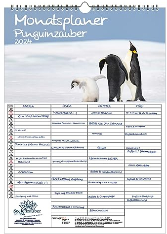 Pinguinzauber Wandplaner Familienplaner 4 Spaltenplaner A3 Kalender für 2024 Pinguin - Set Inhalt: 1x Kalender, 1x Weihnachts- und 1x Grußkarte (insgesamt 3 Teile)