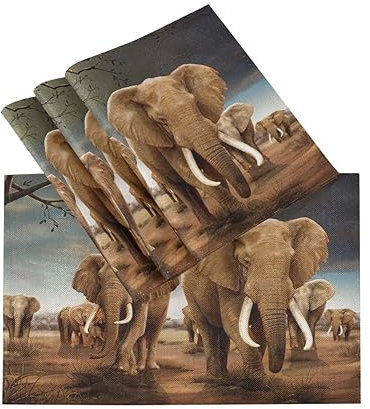 Tischsets Abwaschbar 4er Set Afrika Tierwelt Elefant, Platzsets Hitzebeständig Tischmatten für küche Speisetisch Hotel, Platz-Matten 45,7 x 30,5 cm