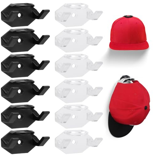 Vuteukis 12 Stück Cap Halterung Wand, Selbstklebende Kappenhalter, Basecap Halterung Wand mit 12 Doppelseitiges Klebeband und 12 Nägel (6 Transparent und 6 Schwarz)