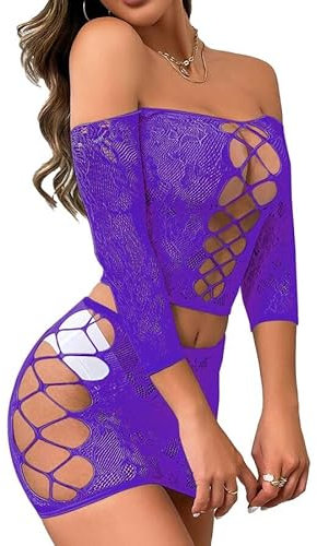 Buitifo Ensemble de Lingerie Femme Fishnet Babydoll Bodysuit Nuit Sexy Dentelle 2 Pièces(Violet,Taille Unique)