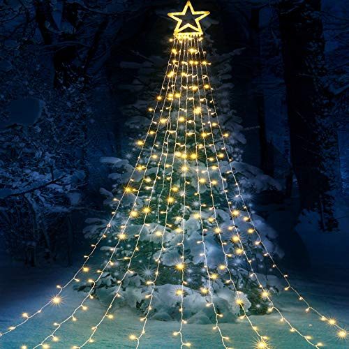 iShabao Luces Arbol Navidad con Estrella, 317 LED Guirnalda Luces de Navidad con 8 Modos, 9 x 3M Cortina de Luces para Navidad Decoración Exterior e Interior, Jardín, Bodas, Patio (Blanco Calido)