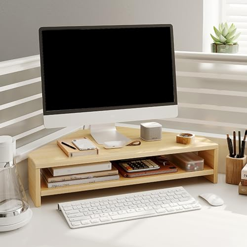 Supporto per Monitor Ad Angolo Rack Organizzatore per Ufficio a 2 Livelli con Stoccaggio, Supporti per Monitor Ad Angolo in Legno per Scrivania, Scaffale Triangolare per Monitor, Supporto per Tablet S