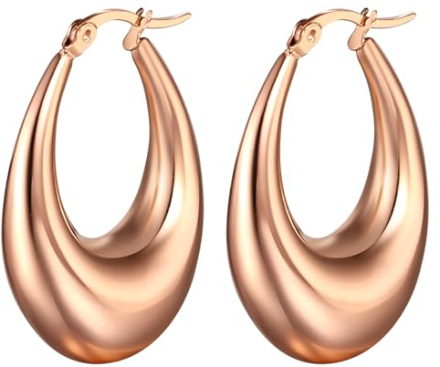 Flongo Ohrringe Rosegold Damen Creolen: Hoop Oval Rose rund Ohrstecker Groß Dick klobige Edelstahl Tropfen Glitzer Huggies charm chunky Reif Earrings Modeschmuck Geschenk für Frauen Mädchen