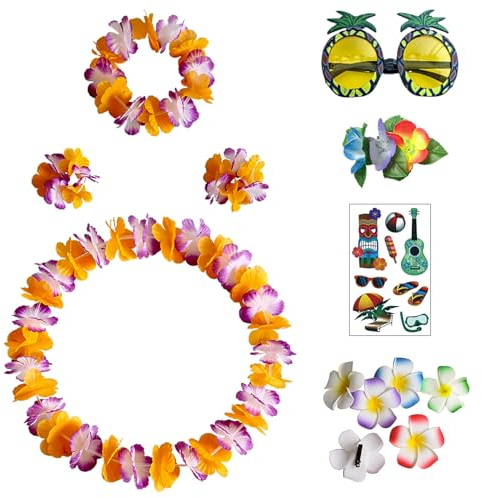 Hawaiianische Party-Dekorationen, 13 Stück, tropische Blumen-Halskette, Stirnbänder, Armbänder und Plumeria-Blumen-Haarspange mit Ananas-Brille, Tattoo-Aufkleber für Strand, Luau, Hawaii, Aloha,