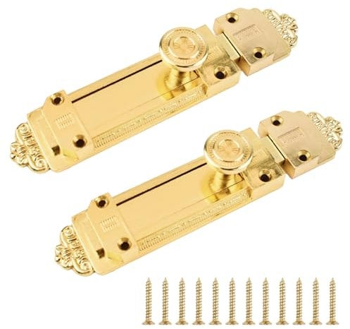 MOROBOR 2 Pack Surface Mounted Sliding Door Lock, 5 Garden Gate Shed Sliding Door Tower Bolts Flat Slide Safety Door Bolt with Screws for Doors Windows Cabinets Yard Gate/Gold