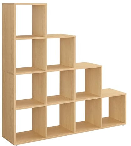 VASAGLE Bücherregal mit 10 Fächern, Regal offen, Stufenregal, Ordnungssystem für Deko, Fotos, Pflanzen, Wohnzimmer, Schlafzimmer, Arbeitszimmer, 29 x 129,5 x 129,5 cm, eichenbeige LBC010Y01