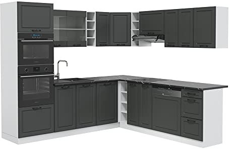 Vicco Eckküche R-Line, Küchenzeile in L-Form, Anthrazit Landhaus/Weiß, 237 x 60 cm, AP Marmor