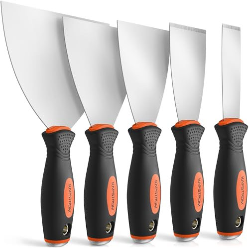 KapStrom 5-Pc Scraper Set, Flexible & Rigid Scrapers w/Ergonomic Handles for Plastering & Drywall Putty Filling, Stainless Steel Spatula Knife Set for Wallpaper Scraping & Finishing
