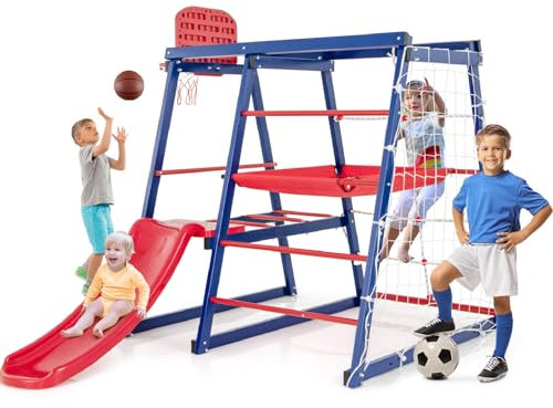 GYMAX 7 in 1 Kids Climbing Set, Heavy Duty Metal Toddler Climber with Climbing/Crawling/Rope Ladder, BasketballHoop/Slide & Soccer Net, Outdoor Indoor Playground for 3-7 Years Old