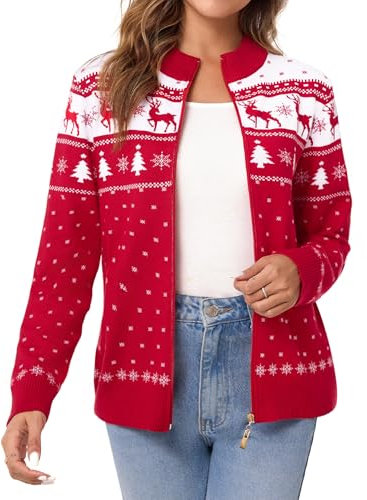 Sykooria Damen Strickjacke Weihnachten Jacke Langarm Cardigan Wärme Outwear Sweater mit Stehkragen und Reißverschluss, Rot M