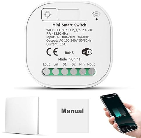 DEWIN Mini Interruptor Inteligente Wifi 16A Mini Smart Switch WiFi Receptor De Control Remoto De Relé RF Con 1 Interruptor De Pared Inalámbrico Compatible con Tuya, Smart Life